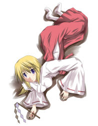 Rule 34 | 10s, 1girl, blonde hair, breasts, charlotte dunois, closed mouth, full body, gohei, hakama, infinite stratos, japanese clothes, kimono, long hair, looking at viewer, medium breasts, miko, mister (black and white), red hakama, ribbon-trimmed sleeves, ribbon trim, smile, solo, white kimono, wide sleeves
