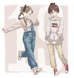 Rule 34 | 2girls, alternate costume, ayanami (kancolle), brown hair, casual, clothes writing, denim, full body, hair ribbon, hands in pocket, hood, hood down, hoodie, kantai collection, levi&#039;s, long hair, long sleeves, matsutani, multiple girls, open mouth, overalls, pants, pocket, ponytail, red footwear, ribbon, shikinami (kancolle), shirt, shoes, side ponytail, smile, sneakers, standing, striped clothes, striped shirt, white footwear