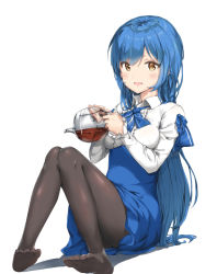 Rule 34 | 1girl, blue hair, blue skirt, bow, bowtie, breasts, brown eyes, frilled shirt, frilled sleeves, frills, girls&#039; frontline, highres, knees together feet apart, knees up, long hair, long sleeves, medium breasts, no shoes, open mouth, pantyhose, pixel (yuxian), shirt, sitting, skirt, smile, swept bangs, tar-21 (girls&#039; frontline), tea, teapot, white shirt