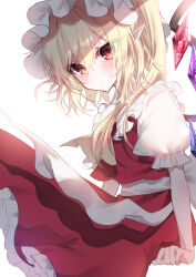 Rule 34 | 1girl, absurdres, ascot, blonde hair, blush, closed mouth, collared shirt, crystal, flandre scarlet, frilled shirt collar, frilled sleeves, frills, hair between eyes, hat, highres, long hair, mob cap, one side up, pointy ears, puffy short sleeves, puffy sleeves, red eyes, red skirt, red vest, rori82li, sailor collar, shirt, short sleeves, simple background, skirt, solo, touhou, vest, white background, white hat, white shirt, wings, yellow ascot