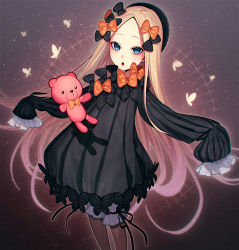 Rule 34 | 1girl, abigail williams (fate), bad id, bad pixiv id, black bow, black dress, blonde hair, bloomers, blue eyes, bow, bug, butterfly, dress, fate/grand order, fate (series), hair bow, hands in opposite sleeves, hat, highres, bug, long hair, long sleeves, looking at viewer, open mouth, orange bow, sokuse kienta, solo, stuffed animal, stuffed toy, teddy bear, underwear, very long hair