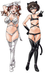 Rule 34 | 2girls, amagami, animal ears, bikini, boots, breasts, brown hair, cat ears, cat tail, choker, cosplay, crossed legs, elbow gloves, covered erect nipples, flat chest, fukudahda, gloves, grin, hand on own hip, hip focus, huge breasts, leather, legs, crossed legs, lowleg, lowleg panties, mask, multiple girls, nakata sae, navel, panties, salute, short hair, skindentation, smile, swimsuit, tachibana miya, tail, thigh boots, thigh gap, thighhighs, twintails, underwear, v, watson cross, white gloves