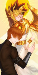 Rule 34 | 2boys, atem, blonde hair, bracelet, brown hair, closed eyes, closed mouth, commentary, earrings, eyelashes, highres, jewelry, kaiba seto, male focus, multicolored hair, multiple boys, on (isk1812), ring, short hair, symbol-only commentary, wings, yellow background, yu-gi-oh!, yu-gi-oh! duel monsters