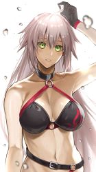 Rule 34 | 1girl, ahoge, arm at side, bad id, bad twitter id, bare shoulders, bikini, black bikini, black choker, black gloves, breasts, choker, cleavage, collarbone, commentary request, fate/grand order, fate (series), fumifumi7837224, gloves, hair between eyes, hand on own head, highres, jeanne d&#039;arc alter (swimsuit berserker) (fate), jeanne d&#039;arc (fate), jeanne d&#039;arc alter (fate), jeanne d&#039;arc alter (swimsuit berserker) (fate), large breasts, long hair, looking at viewer, navel, o-ring, o-ring bikini, o-ring top, open mouth, parted lips, silver hair, simple background, solo, swimsuit, teeth, upper body, white background, yellow eyes