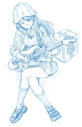 Rule 34 | 10s, 1girl, amplifier, bbb (friskuser), blue theme, breasts, commentary request, electric guitar, emblem, girls und panzer, guitar, hair between eyes, hat, highres, instrument, crossed legs, loafers, long hair, long sleeves, md5 mismatch, medium breasts, mika (girls und panzer), monochrome, one eye closed, pleated skirt, plectrum, school uniform, shoes, sidelocks, sitting, skirt, smile, socks, solo, strap, sweater, white background