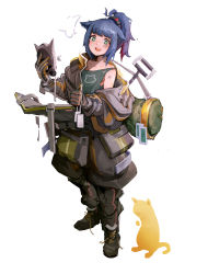 Rule 34 | 1girl, :d, animal, animal ears, arknights, armor, bag, black footwear, black pants, blue hair, boots, cat, cat ears, chinese commentary, commentary, commentary request, dirty, dirty face, english commentary, gas mask, green eyes, green tank top, highres, jacket, jessica (arknights), jessica (iron block) (arknights), jumbowhopper, korean commentary, long hair, looking at viewer, mask, unworn mask, mixed-language commentary, official alternate costume, open clothes, open jacket, open mouth, pants, ponytail, shoulder bag, sidelocks, simple background, smile, solo, tank top, teeth, untied footwear, white background