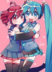 Rule 34 | 2girls, ahoge, black shirt, black skirt, black sleeves, black thighhighs, blue eyes, blue hair, blue necktie, blush, collared shirt, detached sleeves, double-parted bangs, drill hair, foot out of frame, grey shirt, hair between eyes, hair ornament, hatsune miku, headphones, hug, kasane teto, long hair, long sleeves, looking at viewer, multiple girls, necktie, open mouth, pink background, pleated skirt, red hair, red trim, shirt, signature, skirt, sleeveless, sleeveless shirt, standing, standing on one leg, thighhighs, tongue, twin drills, twintails, utau, very long hair, vocaloid, wing collar, yuusuke-kun, zettai ryouiki