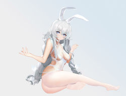 Rule 34 | + +, 1girl, absurdres, animal ears, ass, azur lane, blue eyes, braid, breasts, bug, butterfly, closed mouth, expressionless, fake animal ears, full body, hair between eyes, hair ornament, hairclip, highres, insect, le malin (azur lane), le malin (listless lapin) (azur lane), legs, leotard, long hair, looking at viewer, medium breasts, multicolored eyes, nail polish, no shoes, official alternate costume, pantyhose, pink nails, playboy bunny, rabbit ears, side slit, silver hair, simple background, sitting, soles, solo, thighs, toes, twin braids, white background, white pantyhose, zhanggong
