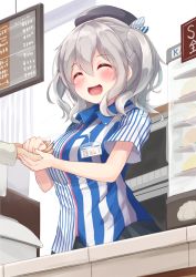 Rule 34 | 10s, 1girl, :d, ^ ^, black skirt, blush, clerk, closed eyes, convenience store, employee uniform, closed eyes, grey hair, holding hands, hat, highres, igayan, kantai collection, kashima (kancolle), lawson, name tag, open mouth, shop, short sleeves, skirt, smile, solo focus, store clerk, striped, twintails, uniform