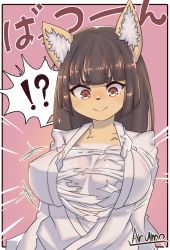 Rule 34 | !?, 1girl, animal ear fluff, animal ears, animal nose, artist name, blush, body fur, breasts, brown hair, bursting breasts, commentary request, covered erect nipples, crying, crying with eyes open, fox, fox ears, fox girl, furry, furry female, highres, japanese clothes, kimono, komena (ryuusui arumo), large breasts, long hair, miko, original, ryuusui arumo, sarashi, simple background, smile, solo, spoken interrobang, tears, torn sarashi, translation request, two-tone fur, white fur, white kimono, yellow eyes, yellow fur