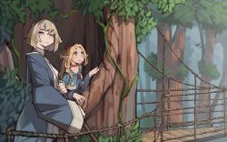 Rule 34 | 2girls, = =, absurdres, blonde hair, blue coat, blush, braid, choker, closed mouth, coat, collarbone, commentary, dungeon meshi, elf, english commentary, falin touden, falin touden (tallman), green eyes, green hair, hair ribbon, half updo, highres, long hair, long sleeves, looking at viewer, marcille donato, multiple girls, nature, outdoors, pointy ears, red choker, red ribbon, ribbon, rope bridge, short hair, togekk0, tree, twin braids, wide sleeves