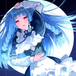 Rule 34 | 1girl, absurdres, arm up, beekan, black capelet, black dress, blue bow, blue hair, blue nails, blue ribbon, bow, braid, capelet, circle, commentary request, constellation print, cowboy shot, dress, dutch angle, flower knot, frilled dress, frills, gemini (constellation), hair bow, hair spread out, hand on own head, hand on own stomach, highres, kotonoha aoi, light blush, long hair, long sleeves, looking at viewer, multicolored clothes, multicolored dress, multiple hair bows, open mouth, print hair, red eyes, ribbon, shirt, side braids, solo, tareme, voiceroid, white dress, white shirt