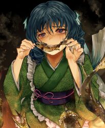 1girl black_background bloodshot_eyes blue_eyes blue_hair cannibalism crying crying_with_eyes_open dashed_eyes drill_hair drill_sidelocks eating fins fish fish_(food) flower_knot food frilled_kimono frills furrowed_brow green_kimono grimace hair_between_eyes head_fins highres holding holding_food japanese_clothes kimono mermaid monster_girl obi obijime sash sidelocks smoke solo tears touhou wakasagihime yukine_0930