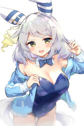 Rule 34 | 1girl, alternate costume, animal ears, armpits, blurry, breasts, brown eyes, bunny day, cleavage, collarbone, grey hair, hair ornament, hishi miracle (umamusume), horse ears, horse tail, jacket, large breasts, looking at viewer, meyamu, nontraditional playboy bunny, open mouth, simple background, solo, sweat, tail, track jacket, umamusume, white background