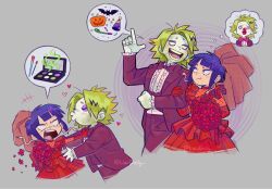 1boy 1girl beetlejuice betelgeuse_(beetlejuice) betelgeuse_(beetlejuice)_(cosplay) boku_no_hero_academia bouquet bride colored_skin cosplay cropped_legs dress flower green_hair green_skin groom highres holding holding_bouquet jirou_kyouka kaminari_denki liv_daily lydia_deetz lydia_deetz_(cosplay) makeup purple_hair red_dress rejected_kiss short_hair surprised veil walking wedding_dress