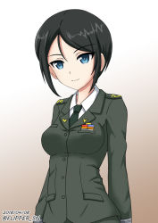 Rule 34 | 10s, 1girl, black eyes, black hair, black necktie, brown background, chouno ami, closed mouth, commentary, dated, dress shirt, flipper, girls und panzer, gradient background, green jacket, green shirt, jacket, japan ground self-defense force, japan self-defense force, long sleeves, looking at viewer, military, military uniform, necktie, one-hour drawing challenge, shirt, short hair, smile, solo, standing, swept bangs, twitter username, uniform, upper body, wing collar