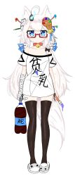 Rule 34 | 1girl, absurdres, ahoge, animal ears, bailingxiao jiu, bandaged arm, bandages, bare shoulders, bell, black bow, black thighhighs, blue eyes, blue ribbon, blush, bow, braid, canvas (object), cat mask, closed mouth, collar, collarbone, commentary request, full body, glowing, hair bow, hair ornament, hair ribbon, heart, heart-shaped pupils, highres, holding, holding paintbrush, jingle bell, lantern, long hair, looking at viewer, low twintails, mask, neck bell, off-shoulder shirt, off shoulder, original, paint tube, paintbrush, pencil, red-framed eyewear, red collar, ribbon, semi-rimless eyewear, shirt, side braid, simple background, slippers, soda bottle, solo, standing, symbol-shaped pupils, tail, thighhighs, translation request, twintails, under-rim eyewear, very long hair, white background, white footwear, white hair, white shirt, wolf ears, wolf girl, wolf tail