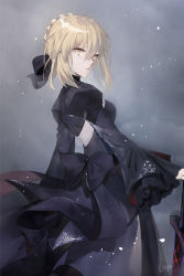 Rule 34 | 1girl, artoria pendragon (all), artoria pendragon (fate), bad id, bad pixiv id, black bow, black dress, blonde hair, bow, braid, breasts, brown eyes, commentary request, dress, emyo, excalibur morgan (fate), fate/stay night, fate (series), hair between eyes, hair bow, hand on hilt, juliet sleeves, long sleeves, looking at viewer, looking to the side, medium breasts, parted lips, puffy sleeves, saber alter, solo, wide sleeves