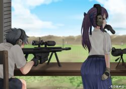 Rule 34 | 1boy, 1girl, 50bmg, absurdres, anti-materiel rifle, artist name, ass, barrett m82, bipod, black bow, black gloves, black headband, black panties, black shorts, blue skirt, blush, bow, brown gloves, casing ejection, earmuffs, firing, gloves, gun, hair bow, headband, highres, holster, lace, lace panties, looking to the side, muzzle device, muzzle flash, original, panties, ponytail, purple hair, rifle, scope, shell casing, shirt, shooting range, shorts, skirt, sniper rifle, spotting scope, thigh holster, thighs, tripod, underwear, weapon, weapon request, white shirt, wind, wind lift, wooden chair
