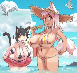 Rule 34 | 2girls, animal ears, bare arms, bare shoulders, bikini, bird, black hair, breasts, bursting breasts, cat ears, cat tail, cleavage, collarbone, curvy, day, food, hat, highres, huge breasts, innertube, long hair, looking at viewer, matching hair/eyes, micro bikini, multiple girls, navel, ocean, open mouth, original, outdoors, partially submerged, pink eyes, pink hair, popsicle, sakanadaze, seagull, short hair, skindentation, sky, standing, straw hat, striped bikini, striped clothes, swim ring, swimsuit, tail, tongue, wavy mouth, wide hips, yellow eyes