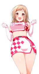 Rule 34 | 1girl, :d, bare shoulders, breasts, brown eyes, brown hair, clothes writing, crop top, elbow gloves, gloves, hands up, high-waist skirt, idolmaster, idolmaster shiny colors, long hair, looking at viewer, medium breasts, midriff, miniskirt, open mouth, race queen, sakuragi mano, shirt, simple background, skirt, sleeveless, sleeveless shirt, smile, solo, thighs, turtleneck, white background, white gloves, white shirt, yoyomura