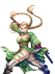 Rule 34 | 1girl, ahoge, alternate costume, antenna hair, armor, ass, bad anatomy, bandages, blonde hair, blue eyes, bodypaint, braid, breasts, cammy white, camouflage, capcom, chinese clothes, choker, cleavage, company connection, eyeshadow, fundoshi, greaves, highres, huge ahoge, japanese clothes, kimono, large breasts, legs, long hair, makeup, no headwear, obi, official art, onimusha soul, ootachi, over shoulder, sash, scar, sheath, sheathed, simple background, solo, street fighter, sword, sword over shoulder, takeda sana, thighs, twin braids, twisted torso, weapon, weapon over shoulder, white background