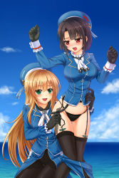 Rule 34 | 10s, 2girls, :d, absurdres, atago (kancolle), bad id, bad pixiv id, black gloves, black hair, black legwear, black panties, blonde hair, blue sky, blush, breasts, chien zero, clothes pull, d:, day, garter belt, garter straps, gloves, green eyes, hat, highres, kantai collection, large breasts, multiple girls, open mouth, panties, pantyhose, red eyes, ruler, skirt, skirt pull, sky, smile, takao (kancolle), thighhighs, underwear, uniform
