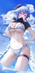 Rule 34 | 1girl, absurdres, ahoge, alternate costume, bikini, black shirt, blue hair, blue sky, blush, breasts, cleavage, clothes in mouth, clothes lift, cloud, cloudy sky, commentary, cowboy shot, day, floating hair, ganyu (genshin impact), genshin impact, goat horns, hair between eyes, hand on own hip, highres, horns, iro (iro 252 ), large breasts, lifted by self, light blue hair, long hair, looking at viewer, low ponytail, mouth hold, navel, outdoors, purple eyes, shirt, shirt in mouth, shirt lift, short sleeves, side-tie bikini bottom, sidelocks, sky, solo, standing, starfish, stomach, string bikini, swimsuit, symbol-only commentary, thigh strap, wading, waves, white bikini