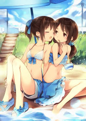 Rule 34 | 2girls, :o, barefoot, beach umbrella, bikini, brown eyes, brown hair, day, closed eyes, food, hair ribbon, hand on ankle, highres, ice cream, ice cream spoon, kyuri, legs, long hair, looking at another, multiple girls, navel, open mouth, original, outdoors, ponytail, power lines, ribbon, sandals, short hair, shorts, sitting, skirt, smile, soaking feet, spoon, stairs, swimsuit, umbrella, utility pole, water, yuri