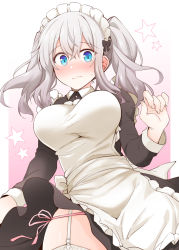 Rule 34 | 1girl, alternate costume, apron, black dress, blue eyes, blush, breasts, closed mouth, dress, enmaided, frilled apron, frills, garter belt, garter straps, gradient background, kantai collection, kashima (kancolle), large breasts, long hair, long sleeves, looking at viewer, maid, maid apron, maid headdress, panties, pink panties, rui shi (rayze ray), silver hair, solo, star (symbol), thighs, twintails, underwear, wa maid, waist apron, wavy hair, wavy mouth, white apron