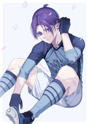 Rule 34 | 1boy, blue footwear, blue lock, blue shirt, blue socks, border, character request, closed mouth, expressionless, foot out of frame, hand in own hair, highres, long sleeves, male focus, ponytail, purple eyes, purple hair, shioritaweb, shirt, short hair, shorts, sitting, socks, solo, twitter username, two-tone shirt, white background, white border, white shorts