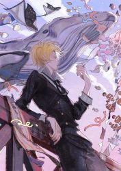 Rule 34 | 1boy, against railing, akihare, blonde hair, cigarette, clownfish, fish, formal, from side, highres, holding, holding cigarette, against railing, male focus, ocean, one piece, railing, sanji (one piece), solo, suit, underwater, whale