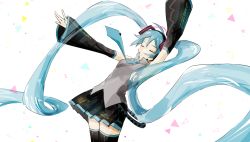 Rule 34 | 1girl, absurdres, aqua hair, aqua nails, aqua necktie, arms up, bad id, bad pixiv id, bare shoulders, belt, black skirt, black sleeves, black thighhighs, closed eyes, commentary, cowboy shot, detached sleeves, english commentary, grey shirt, hair ornament, hatsune miku, headphones, headset, highres, leaning back, long hair, miniskirt, nail polish, necktie, outstretched arms, pleated skirt, re eva, shirt, skirt, sleeveless, sleeveless shirt, solo, thighhighs, triangle, twintails, very long hair, vocaloid, white background, zettai ryouiki