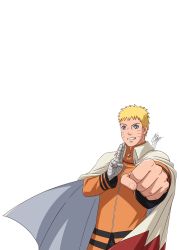 Rule 34 | 1boy, bandages, bandaged head, bandages, blonde hair, blue eyes, boruto: naruto next generations, cape, clenched hand, facial mark, grin, highres, male focus, marco albiero, naruto (series), signature, smile, solo, uzumaki naruto, zipper