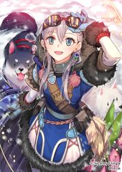 Rule 34 | 1girl, :d, blush, brown gloves, company name, copyright name, dog, fur trim, gloves, green eyes, grey hair, long hair, looking at viewer, looking up, open mouth, parted lips, sid story, sila (carpen), smile, solo, twitter username