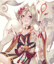Rule 34 | 1girl, :d, amaterasu (ookami), animal, animal ears, bell, black eyes, blonde hair, blush, bow, bracelet, breasts, cleavage, crossover, detached sleeves, facepaint, flower, fox shadow puppet, hair flower, hair ornament, highres, idolmaster, idolmaster cinderella girls, japanese clothes, jewelry, jingle bell, kimono, kiriyama2109, long sleeves, looking at viewer, mask, mask on head, medium breasts, nail polish, obi, ookami (game), open mouth, red flower, red nails, sash, shiomi syuko, short hair, signature, sitting, smile, tassel, white kimono, white wolf, wide sleeves, wolf, wolf ears, wolf mask