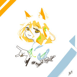Rule 34 | 1girl, 3ma can omochi, abstract, animal ear fluff, animal ears, blending, blonde hair, blush, cropped shoulders, fox ears, fox girl, fox shadow puppet, from side, green hair, green ribbon, half-closed eyes, highres, kudamaki tsukasa, looking at viewer, looking to the side, multicolored hair, neck ribbon, open mouth, raised eyebrows, ribbon, shirt, signature, smirk, solo, touhou, white background, white hair, white shirt, yellow eyes, yellow nails