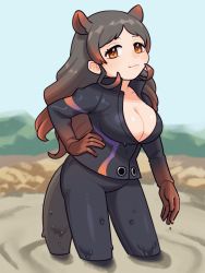 Rule 34 | 1girl, :3, an-chan (ananna0315), animal ears, black pants, black shirt, blush, bodysuit, brown hair, commentary request, diving suit, extra ears, gloves, hand on own hip, high collar, highres, hippopotamus (kemono friends), hippopotamus ears, kemono friends, long hair, long sleeves, looking at viewer, multicolored hair, orange eyes, pants, red gloves, red hair, shirt, smile, solo, wading, water, wetsuit