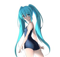 Rule 34 | 1girl, absurdres, adjusting clothes, adjusting swimsuit, aqua eyes, aqua hair, ass, bad id, bad twitter id, blush, competition school swimsuit, domo1220, hatsune miku, highres, long hair, looking at viewer, looking back, one-piece swimsuit, school swimsuit, solo, swimsuit, twintails, very long hair, vocaloid