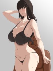 Rule 34 | &gt;:(, 10s, 1boy, 1girl, black bra, black eyes, black hair, black panties, blunt bangs, blush, bra, breasts, cleavage, collarbone, cowboy shot, curvy, faceless, faceless male, from side, frown, girls und panzer, glaring, groin, highres, hime cut, large breasts, lingerie, looking at viewer, looking to the side, mature female, navel, nishizumi shiho, open bra, panties, parted lips, scowl, sideboob, sidelocks, stomach, sweat, tsubooi, underwear, underwear only, v-shaped eyebrows