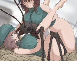 Rule 34 | 2girls, ant, bestiality, breast press, breasts, brown hair, bug, gloves, green eyes, hands on own thighs, hat, hetero, highres, implied sex, insect, interspecies, large breasts, multiple girls, open mouth, original, ryu insect, short hair, spread legs, thighs, white gloves