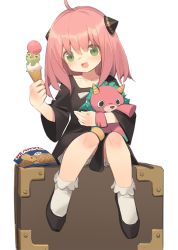 Rule 34 | 1girl, :d, ahoge, anya (spy x family), bag, black dress, black footwear, bloomers, blush, bobby socks, commentary request, director chimera (spy x family), dress, eyebrows hidden by hair, food, green eyes, hair between eyes, holding, holding food, hugging object, ice cream, ice cream cone, kildir, long sleeves, looking at viewer, open mouth, pink hair, shoes, simple background, sitting, smile, socks, solo, spy x family, stuffed animal, stuffed toy, triple scoop, underwear, white background, white bloomers, white socks, wide sleeves