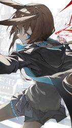 Rule 34 | 1girl, amiya (arknights), animal ears, arknights, black hood, black jacket, blue choker, blue eyes, blue skirt, bridge, bright pupils, brown hair, brown pantyhose, building, choker, city, cityscape, clear sky, closed mouth, commentary, cowboy shot, dashing, day, eyelashes, floating clothes, floating hair, from side, grey sweater, hair between eyes, hair tie, hand out of frame, hand up, highres, hood, hood down, hooded jacket, incoming attack, index finger raised, infection monitor (arknights), jacket, jewelry, long hair, long sleeves, looking at viewer, looking to the side, low ponytail, miniskirt, open clothes, open jacket, originium arts (arknights), outdoors, pantyhose, pleated skirt, profile, qwq22565156, rabbit ears, rabbit girl, ring, serious, shade, shadow, sidelighting, sidelocks, sideways glance, skirt, sky, skyscraper, solo, sweater, thighlet, urban, v-shaped eyebrows, white pupils, white sky