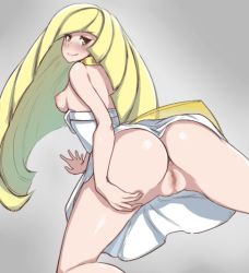 Rule 34 | 1girl, aftersex, all fours, animated, animated gif, anus, ass, bare shoulders, blonde hair, blush, breasts, breasts out, censored, choker, creatures (company), cum, cum in pussy, cumdrip, disembodied penis, dress, drooling, erection, from behind, game freak, green eyes, grey background, half-closed eyes, hetero, licking lips, long hair, looking back, looking to the side, lusamine (pokemon), maji-pan, mature female, mosaic censoring, nintendo, nipples, no bra, no panties, penis, pokemon, pokemon sm, presenting, pussy, pussy juice, saliva, sex, shiny skin, short dress, simple background, small breasts, smile, spread legs, third-party edit, tongue, tongue out, vaginal, white dress