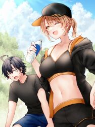 Rule 34 | 1boy, 1girl, ;d, ahoge, baseball cap, black eyes, black hair, black headwear, black hoodie, black shorts, black sports bra, blush, bottle, breasts, brown hair, cleavage, cloud, cloudy sky, commentary request, crop top, day, drink, exhausted, hand on own hip, hat, hikigaya hachiman, holding, holding bottle, holding drink, hood, hoodie, isshiki iroha, large breasts, looking at another, lower teeth only, medium hair, navel, one eye closed, open clothes, open hoodie, open mouth, outdoors, red hayao, short hair, shorts, sky, smile, sports bra, teeth, water bottle, yahari ore no seishun lovecome wa machigatteiru.