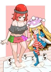 Rule 34 | 2girls, american flag dress, american flag legwear, barefoot, black eyes, black shirt, blonde hair, blush, blush stickers, border, breasts, cleavage, closed eyes, closed mouth, clothes writing, clownpiece, collarbone, dress, eighth note, fairy, fairy wings, floor, green skirt, hair between eyes, hat, hecatia lapislazuli, jester cap, large breasts, long hair, multicolored clothes, multicolored skirt, multiple girls, musical note, open mouth, pantyhose, pink skirt, polka dot headwear, purple headwear, red hair, red skirt, shirt, short hair, short sleeves, skirt, smile, star (symbol), star print, striped clothes, striped dress, striped legwear, striped pantyhose, touhou, white border, wings, zannen na hito