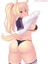 Rule 34 | 1girl, absurdres, animal ears, ass, black bra, black panties, blonde hair, blush, bra, breasts, cat ears, cat girl, cat tail, clothes lift, commentary, english commentary, from behind, highres, large breasts, long hair, long sleeves, looking at viewer, looking back, nottytiffy, open mouth, original, panties, patreon username, ponytail, red eyes, shirt lift, simple background, slit pupils, smile, solo, tail, thighhighs, thighs, tiffy (nottytiffy), underwear, white background, white thighhighs