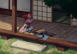 Rule 34 | 2girls, animal ears, au ra, barefoot, breasts, cleavage, final fantasy, final fantasy xiv, horns, japanese clothes, kimono, large breasts, long hair, lying on lap, lying on person, multiple girls, open clothes, open kimono, red hair, scales, short hair, sushoartworks, tail, white hair