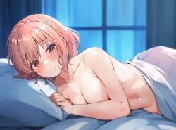 Rule 34 | 1girl, bed, bed sheet, bedroom, blush, braid, breasts, cleavage, closed mouth, collarbone, commission, completely nude, crown braid, date a live, date a live: rinne utopia, highres, indoors, large breasts, looking at viewer, lying, medium hair, navel, night, nude, on side, pillow, pink eyes, pink hair, pink lips, pixiv commission, shiitake taishi, smile, solo, sonogami rinne, stomach, under covers, window