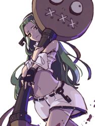 Rule 34 | 1girl, a.b.a, bags under eyes, bandaged chest, bandages, blood, fingerless gloves, gloves, green eyes, grey hair, guilty gear, guilty gear strive, highres, key, key in head, navel, object through head, ooiwa (irc14786149), pale skin, paracelsus (guilty gear), stitched mouth, stitches